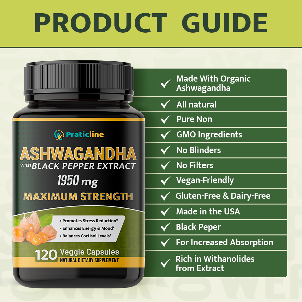 Organic Ashwagandha 1,950 mg - 120 Vegan Capsules - Gluten Free, Non-GMO Supplement, Supports Mood.