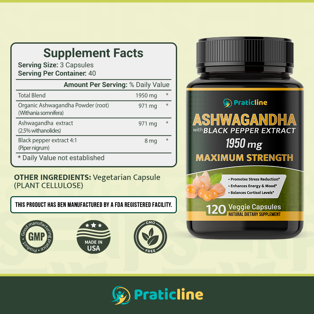 Organic Ashwagandha 1,950 mg - 120 Vegan Capsules - Gluten Free, Non-GMO Supplement, Supports Mood.