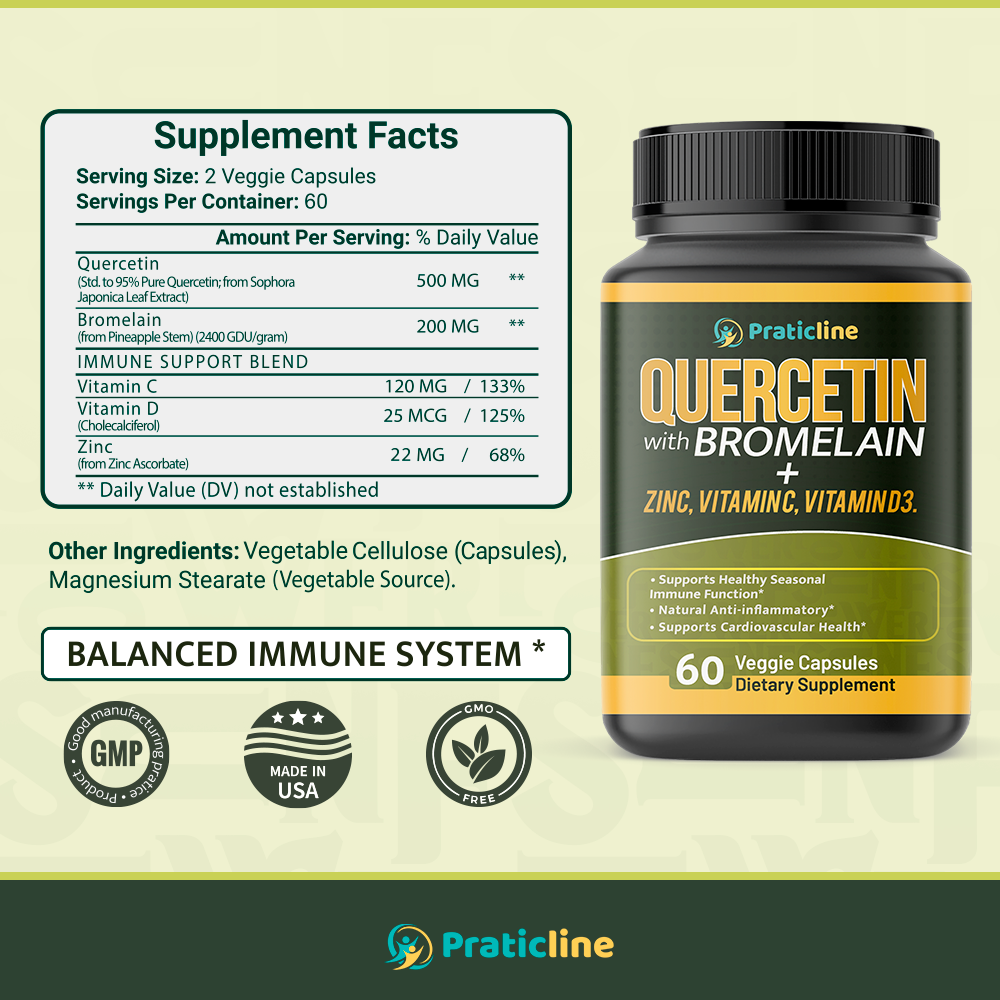 Quercetin with Vitamin C and Zinc - Quercetin with Bromelain - Quercetin 500mg - Zinc Quercetin - 60 Veggie Caps - Quercetin Supplements + Vitamin D3 - (Non-GMO, Gluten-Free, Vegan) 1 Month Supply