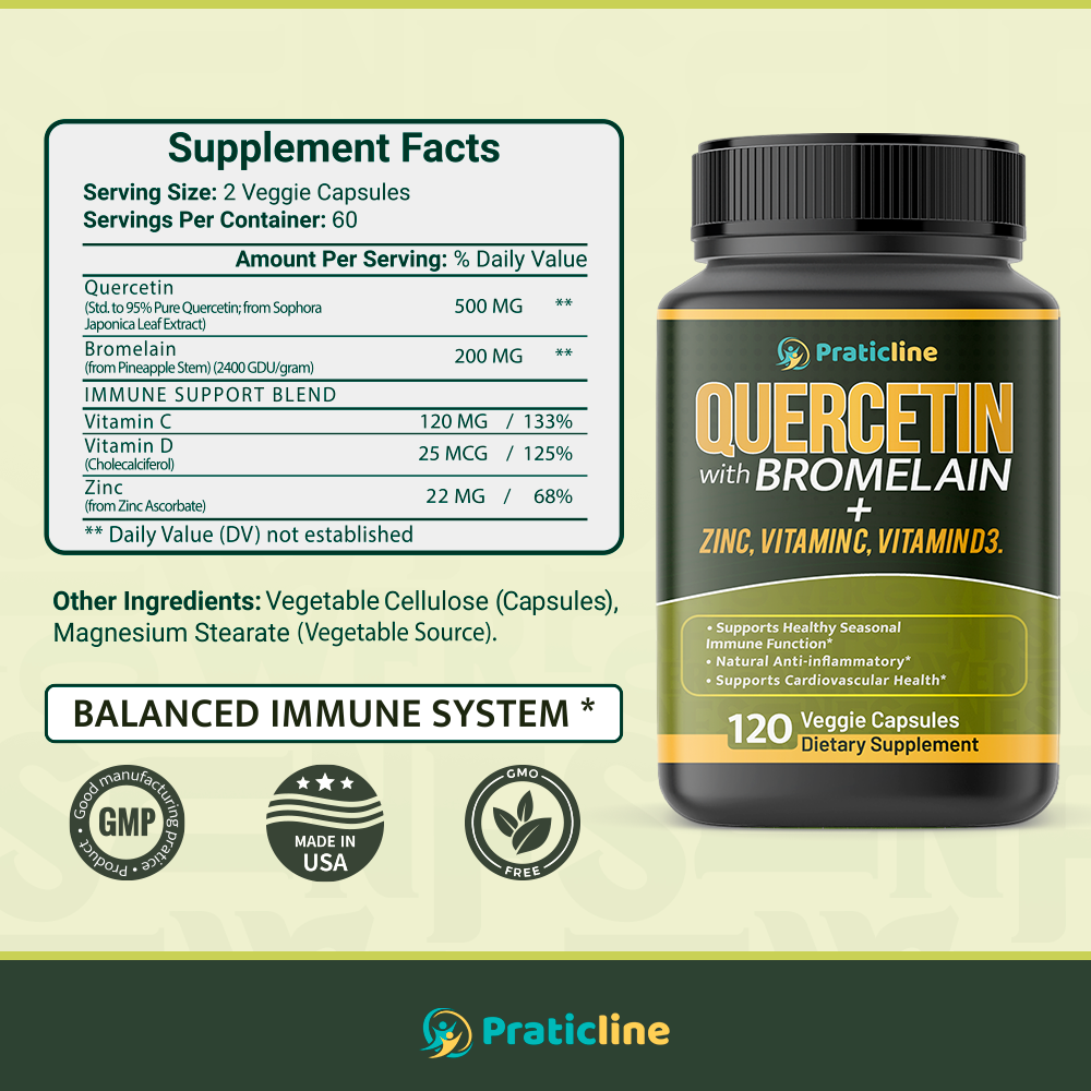 Quercetin with Vitamin C and Zinc - Quercetin with Bromelain - Quercetin 500mg - Zinc Quercetin - 120 Veggie Caps - Quercetin Supplements + Vitamin D3 - (Non-GMO, Gluten-Free, Vegan) 2 Month Supply